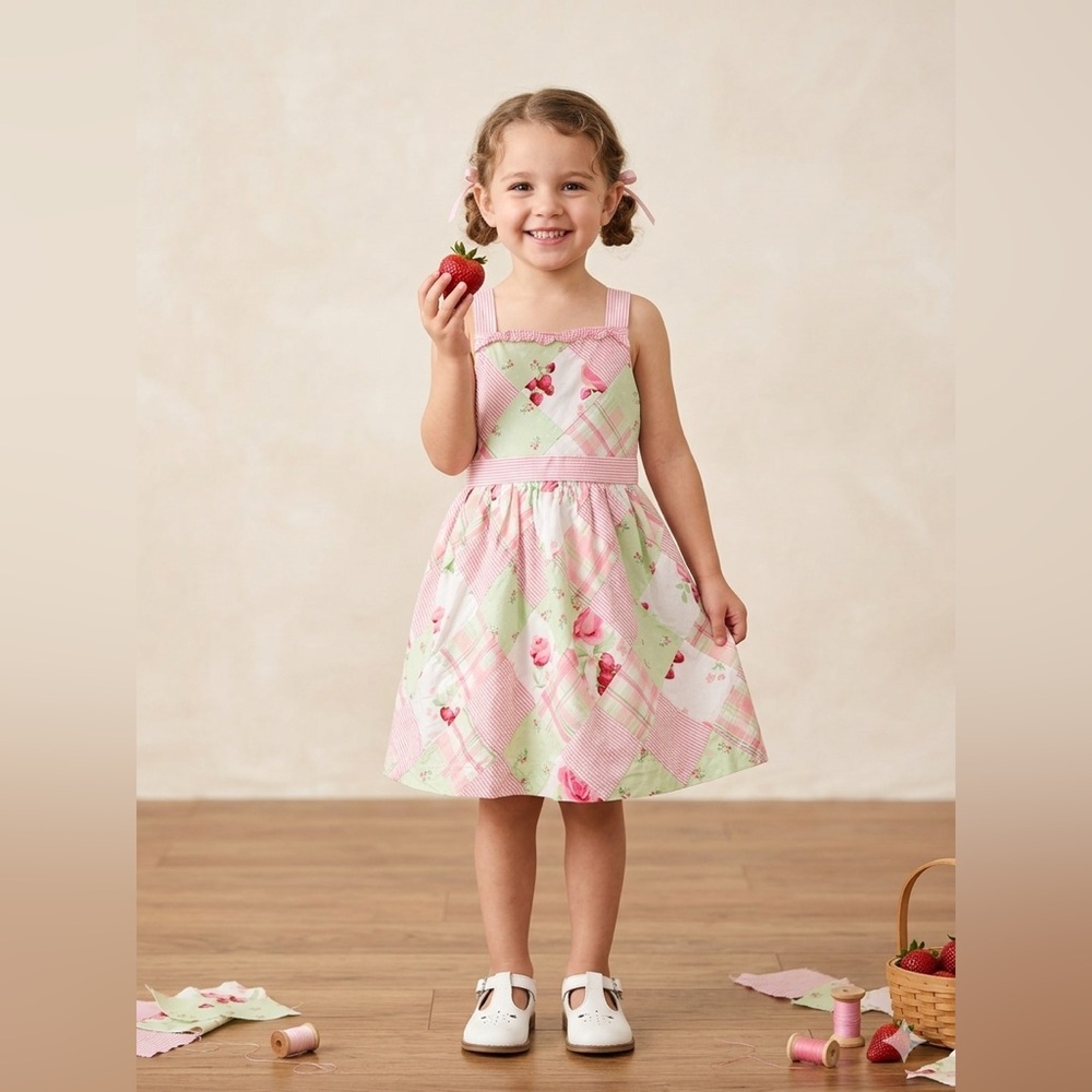 Janie and Jack Strawberry Fields Patchwork Seersucker Spring Pink Dress Size 4